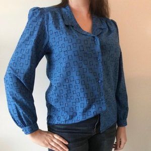 Vintage 1980s Eccobay Geometric Puff Shoulder Blouse Top Blue Black Button Up